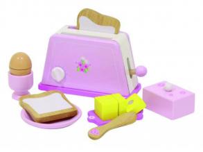 Toaster Set pink für Spielküche aus Holz mit Toast und Lebensmittel