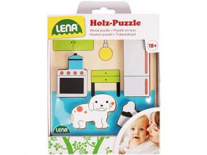Lena 32141 - Holzpuzzle Küche, Kinderpuzzle mit Grundplatte 14 x 14 cm und 4 Puzzleteilen